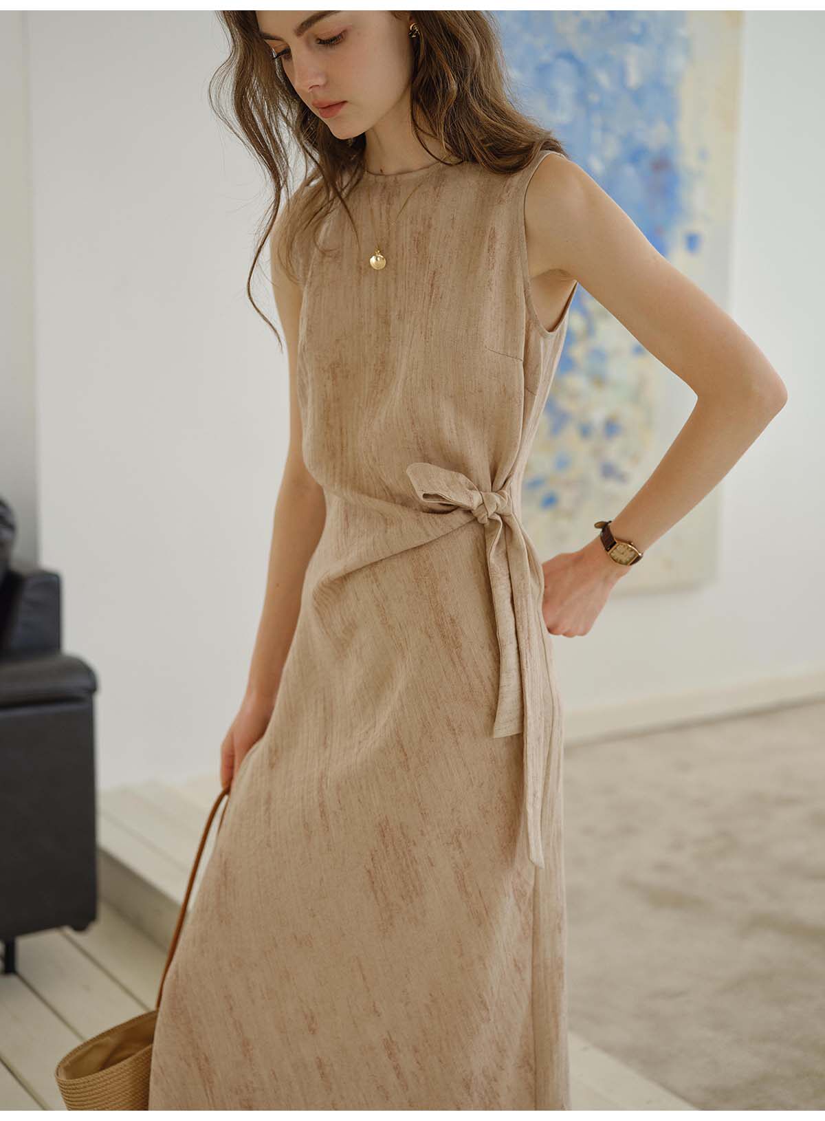Women's French Tie-Dye Linen Blend Sleeveless Maxi Dress | Belted Waist Tank Dress