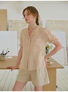 French Ruffled V-Neck Embroidered Tencel Ramie Blouse