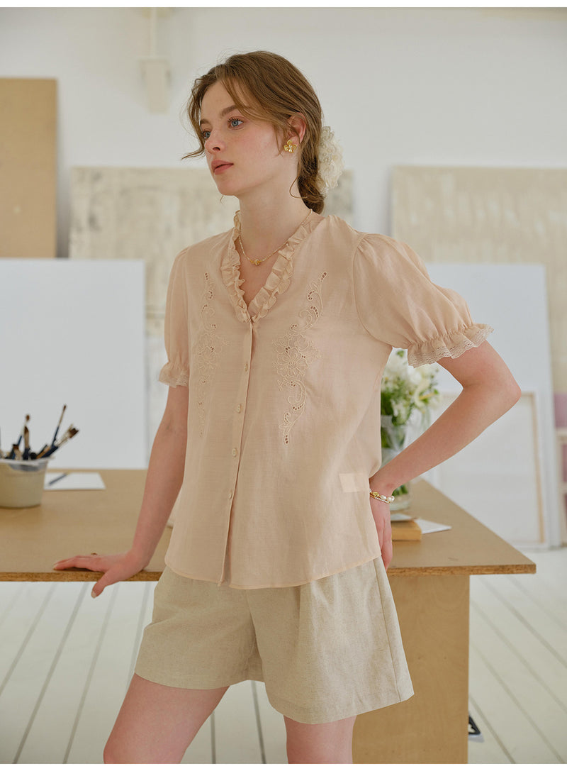 French Ruffled V-Neck Embroidered Tencel Ramie Blouse