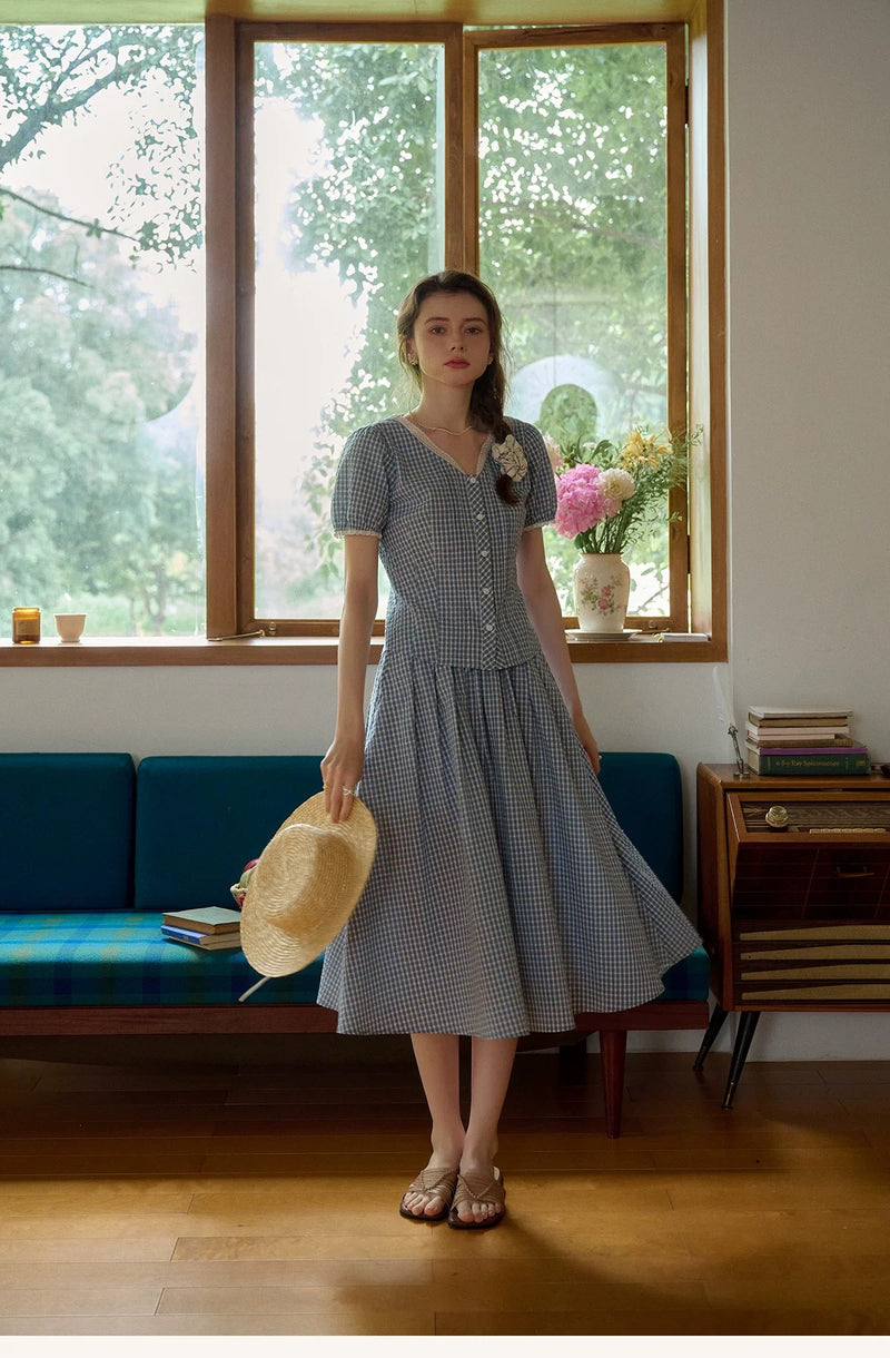 Vintage Commute Women French Elegant V Neck Linen Two Piece Set Matching Cropped Top and Skirt Retro Temperament Outfit Daily Casual Linen Matching Set