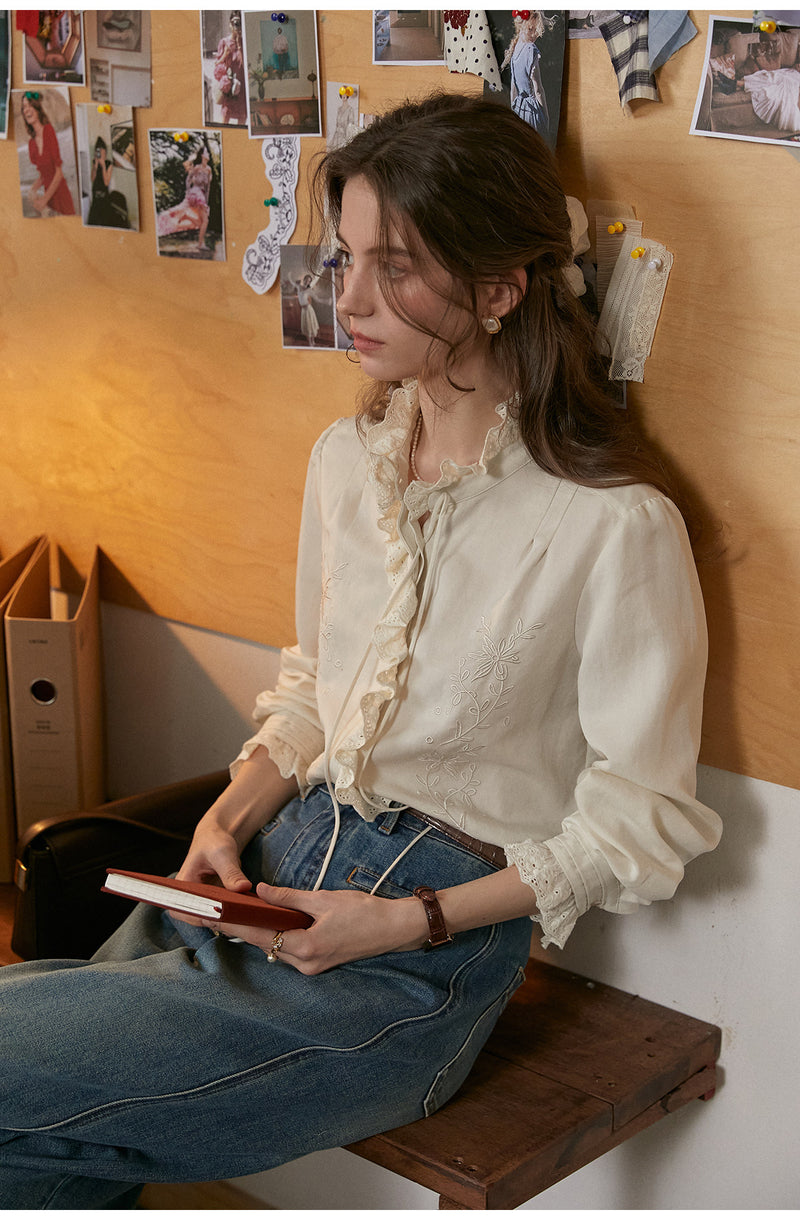 French Court Style Lace Ruffle Tencel Cotton Blouse