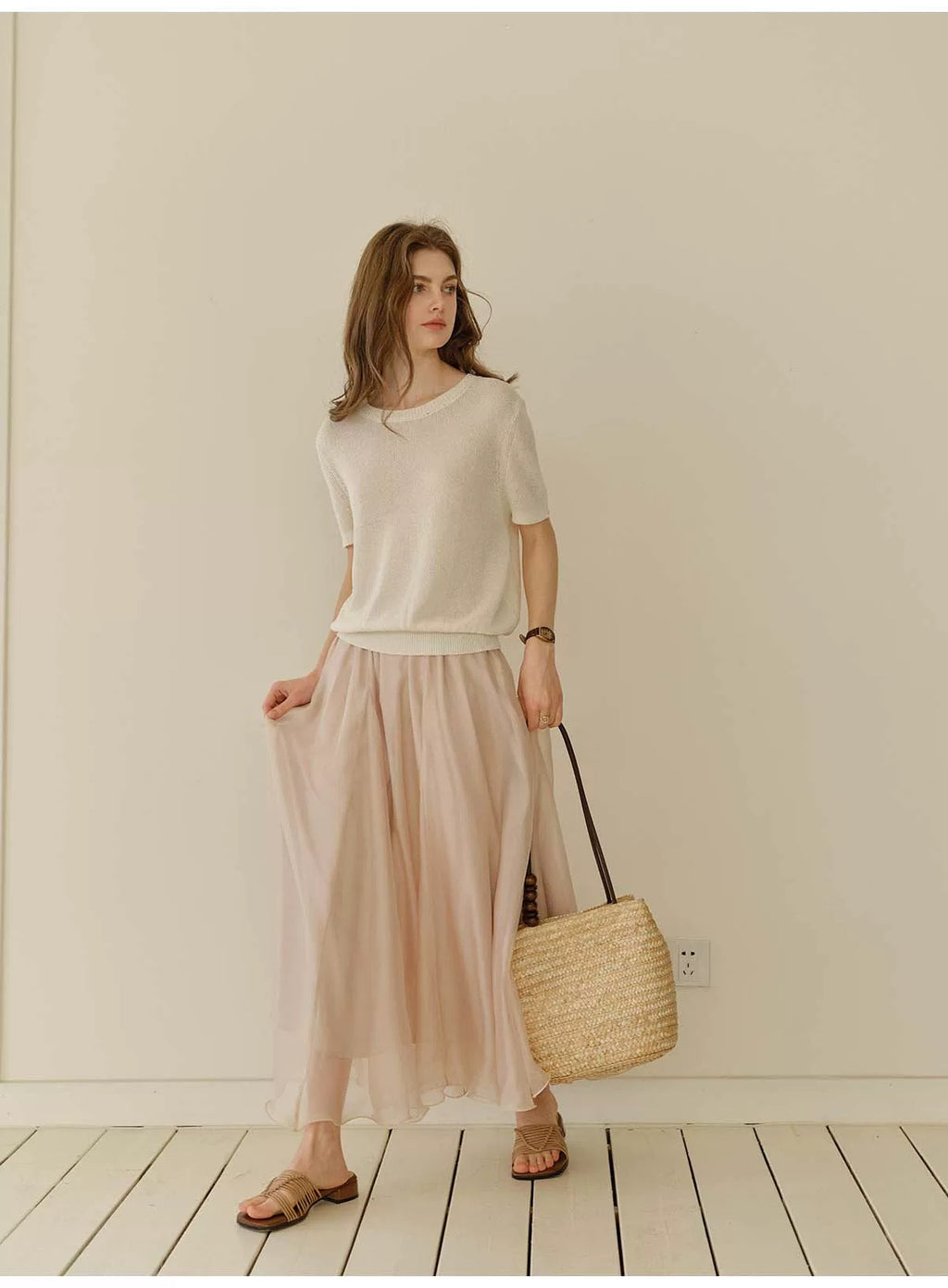 Nude Chiffon Flowy Maxi Skirt, Korean Style Elegant High Waist A-Line Long Skirt