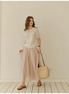 French Style Flowy Chiffon Maxi Skirt Women A-Line Ruffle Hem Long Skirt