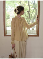 French Ruffle Neck Tencel Linen Long Sleeve Blouse