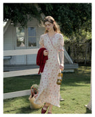 Women's French Floral Print Midi Dress | V-Neck Puff Sleeve Tea Party Dress