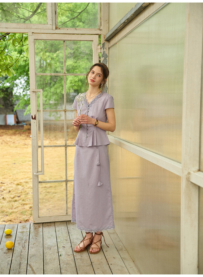 French Linen Cotton Lace V-Neck Two-Piece Set