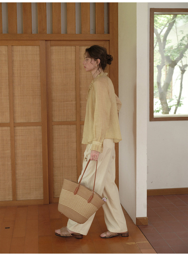 French Ruffle Neck Tencel Linen Long Sleeve Blouse