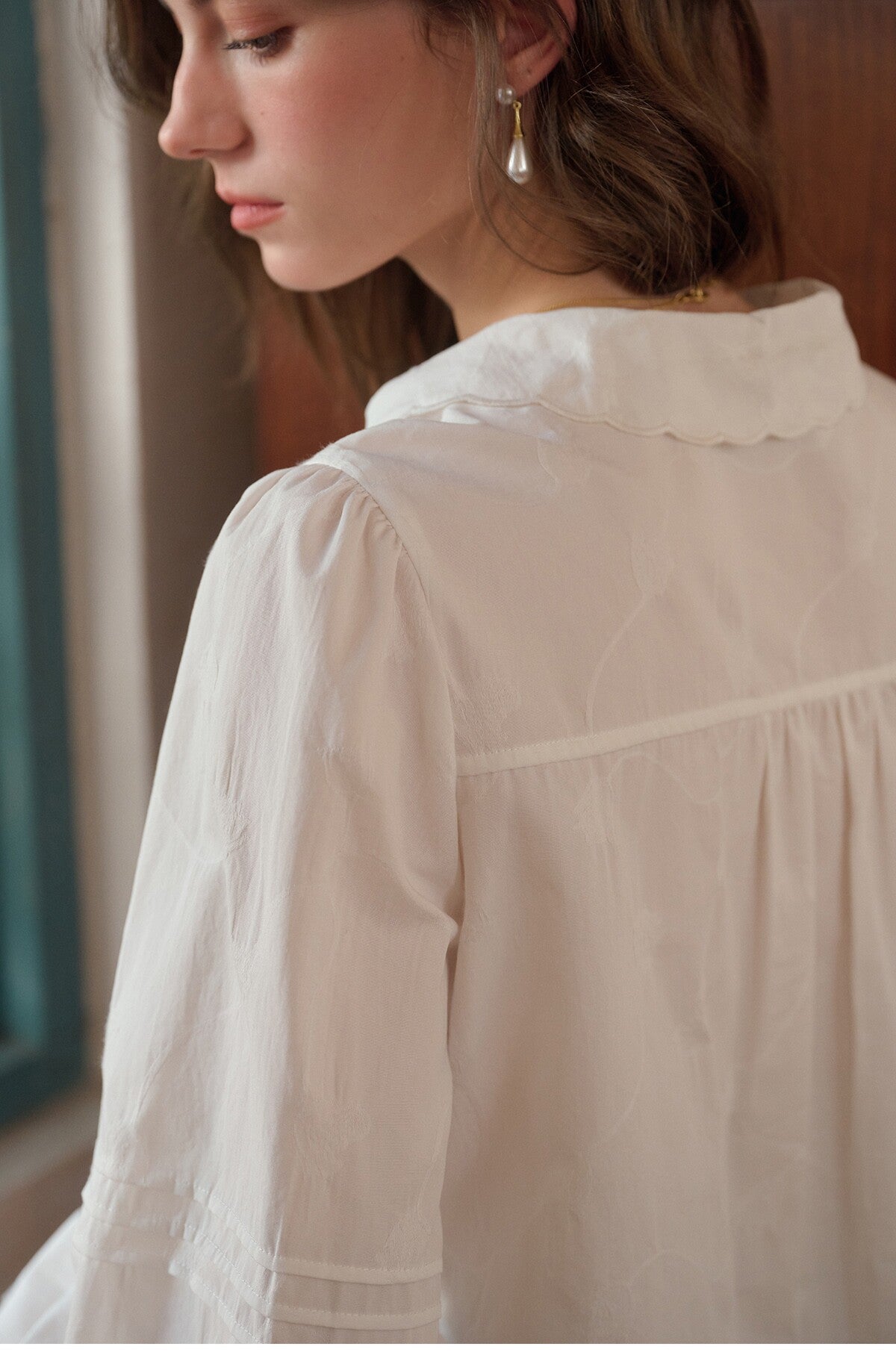 French Style Embroidered Cotton Lyocell Blouse Women Asymmetric Bow Collar Shirt