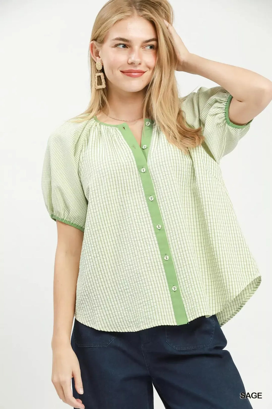 Checker Puff Sleeve Button Front Blouse