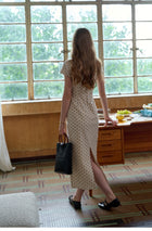 French Polka Dot Linen Blend Ruched Waist Midi Dress