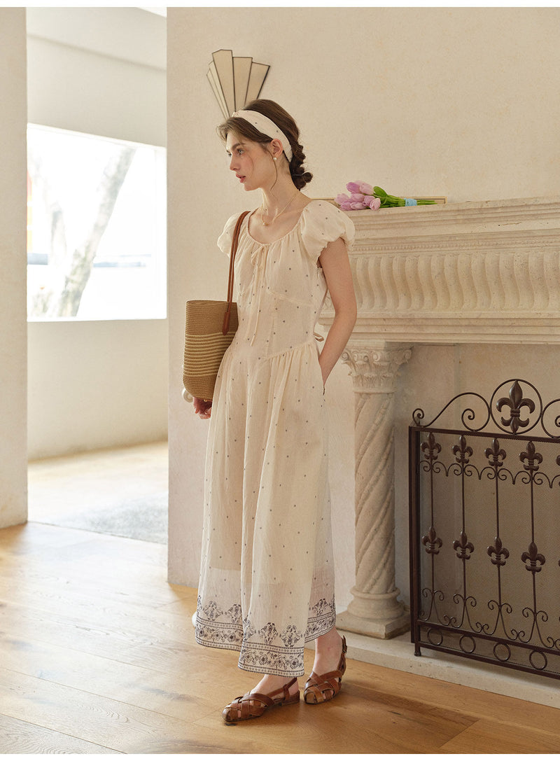 Women's Linen Lyocell Blend Embroidered Midi Dress | French Style Puff Sleeve Polka Dot Dress