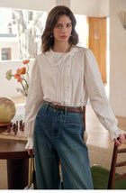 Women's Cotton Lyocell Blend Jacquard Blouse | Embroidered Asymmetric Bow Collar Shirt