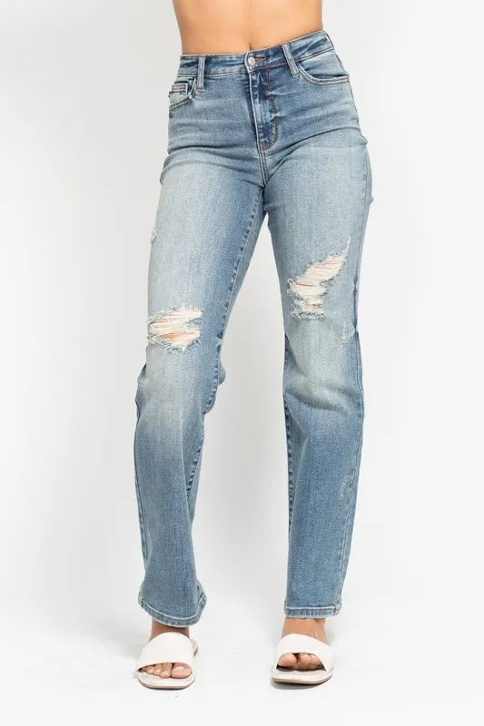 Blue Full Size High Waist Distressed Dad Jean Plus Size