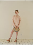 French Ruffled V-Neck Embroidered Tencel Ramie Blouse