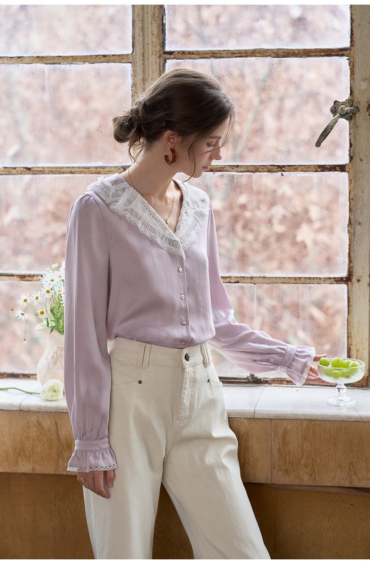 French Lace Collar Lyocell Long Sleeve Blouse