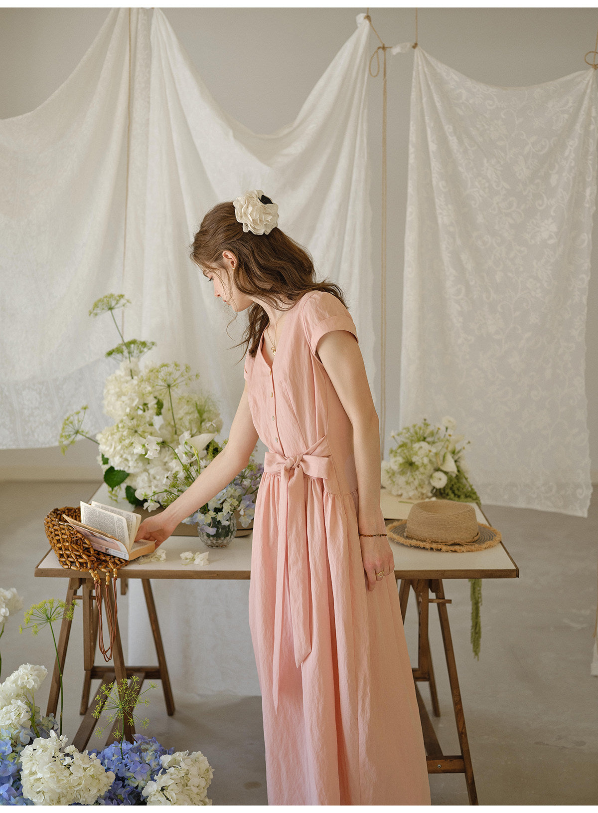 Women's Lyocell Blend V-Neck Midi Dress | French Style Belted Waist Short Sleeve Summer Dress