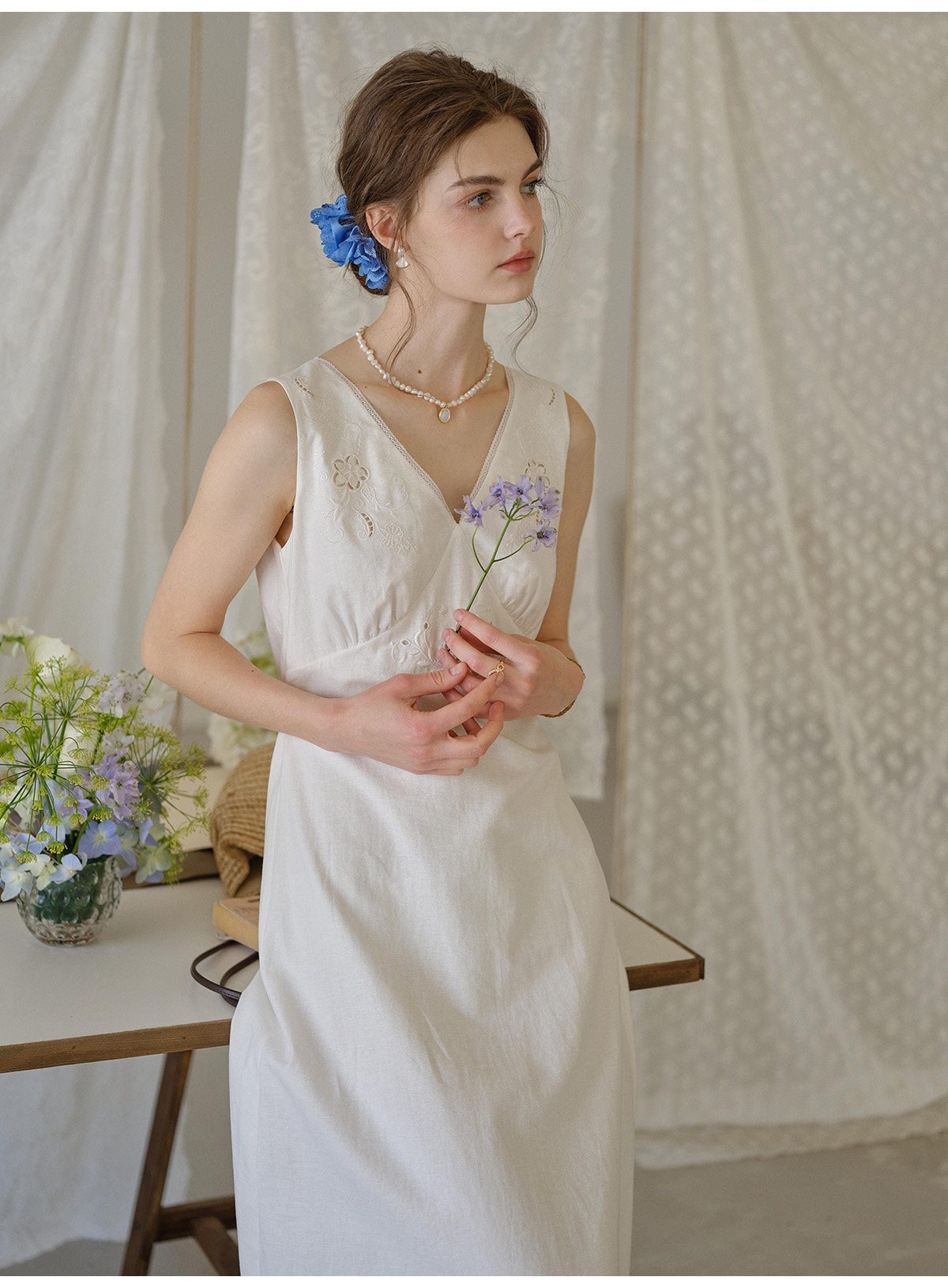 White Linen Cotton Blend Maxi Dress with Floral Embroidery for Women