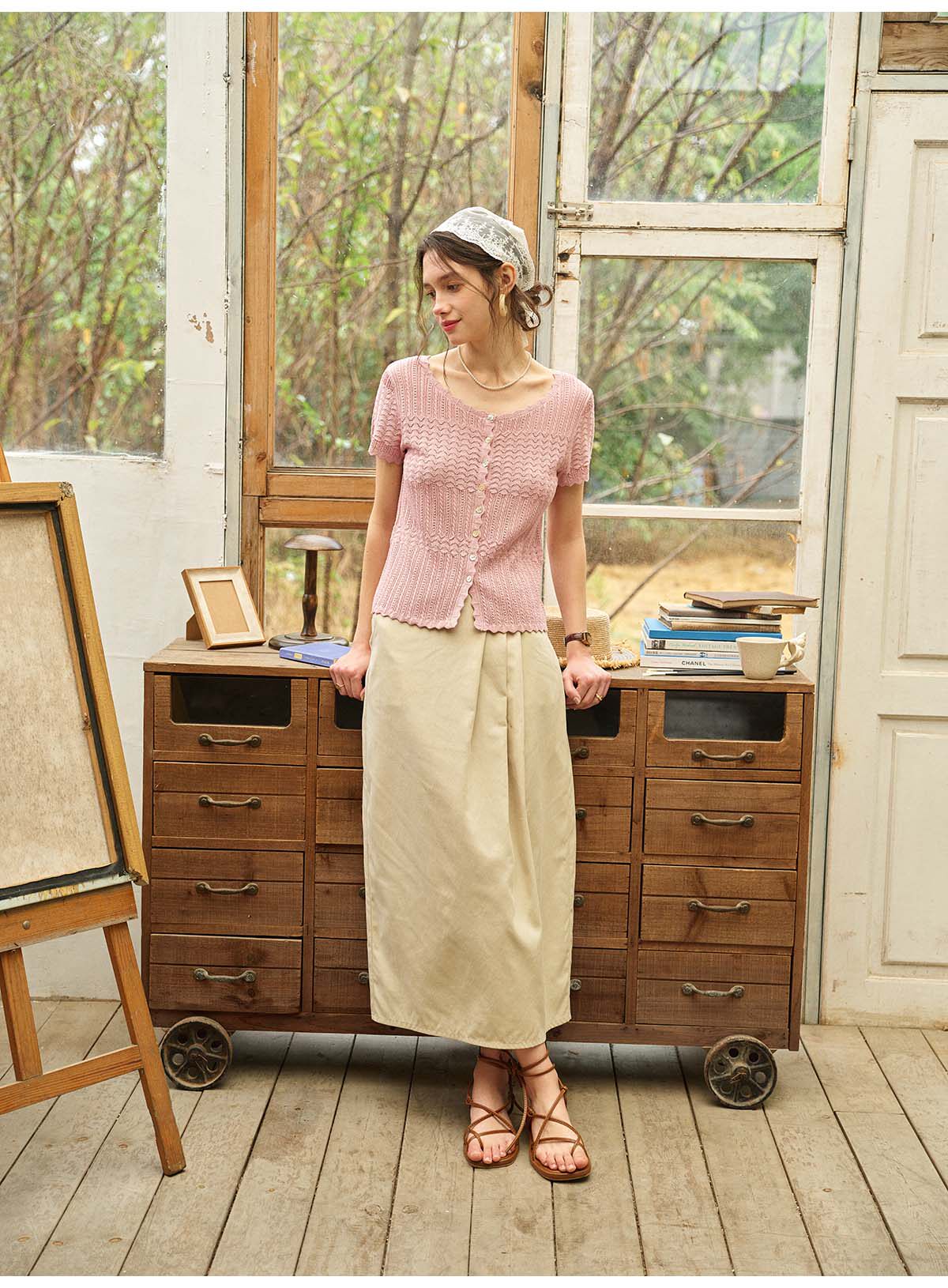 French Style Hollow Knit Short Sleeve Cardigan, Linen-Look Breathable Top, 2 Colors