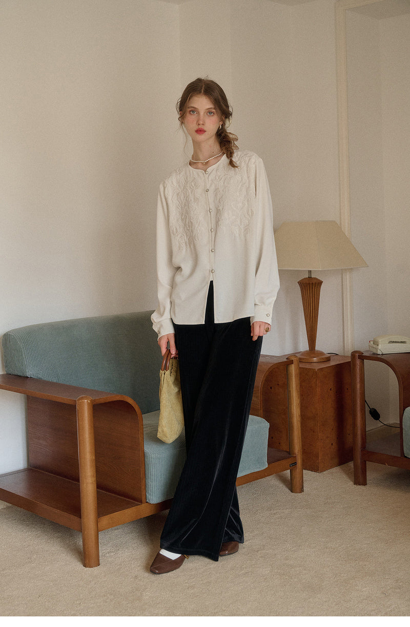 French Embroidered Crew Neck Blouse