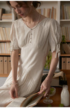 French Style Polka Dot V-Neck Dress, Linen-Blend Puff Sleeve Long Dress for Women, Casual Holiday Maxi Dress