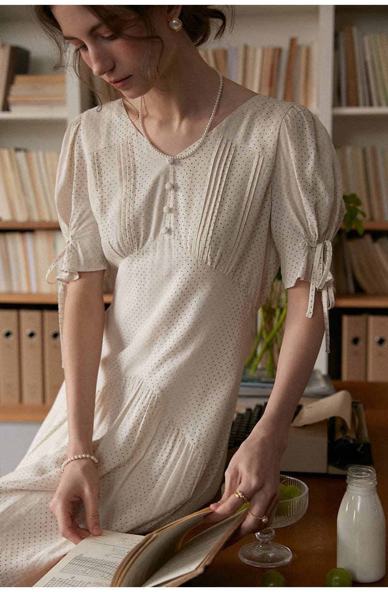 French Style Polka Dot V-Neck Dress, Linen-Blend Puff Sleeve Long Dress for Women, Casual Holiday Maxi Dress
