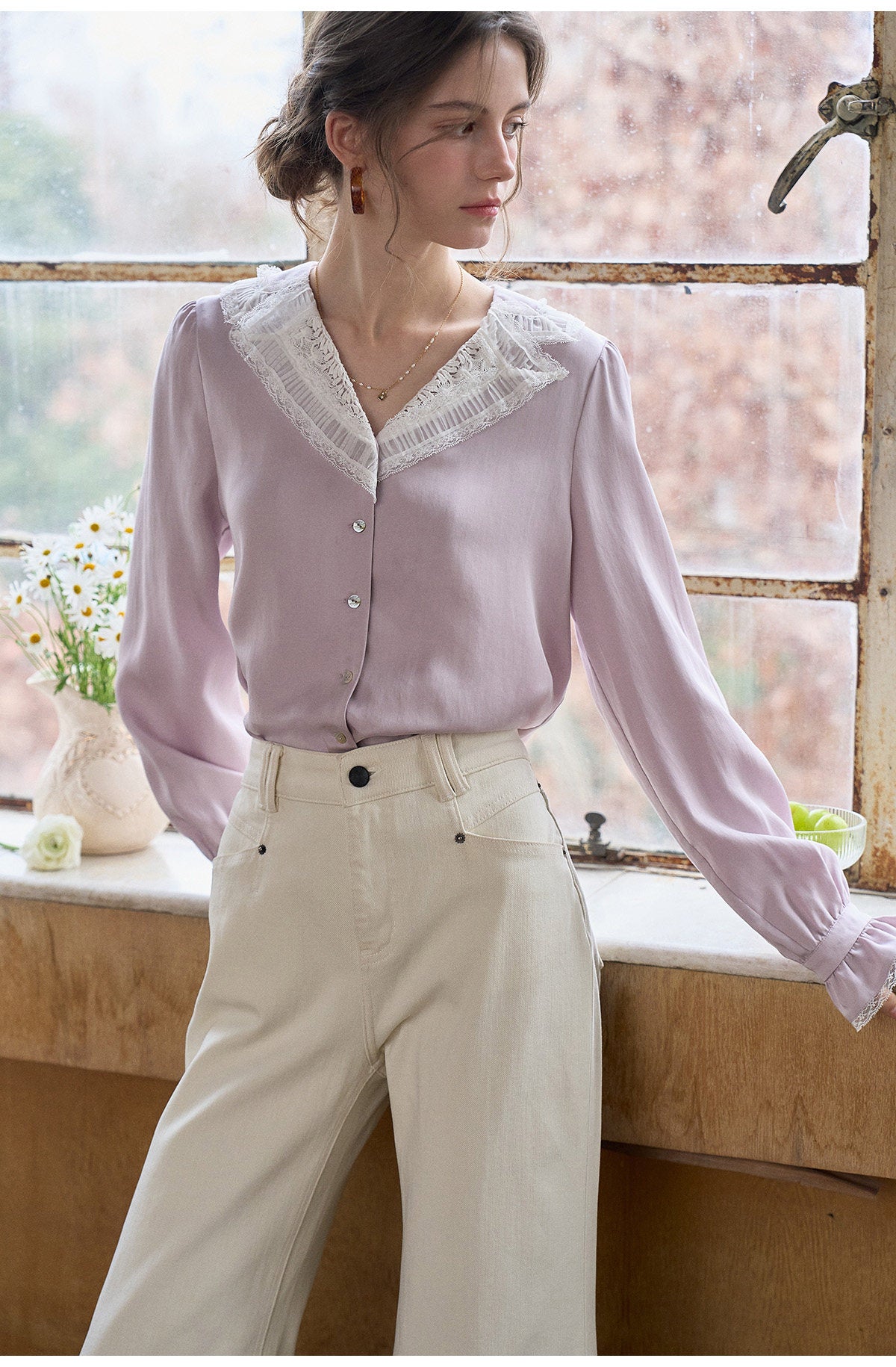 French Lace Collar Lyocell Long Sleeve Blouse