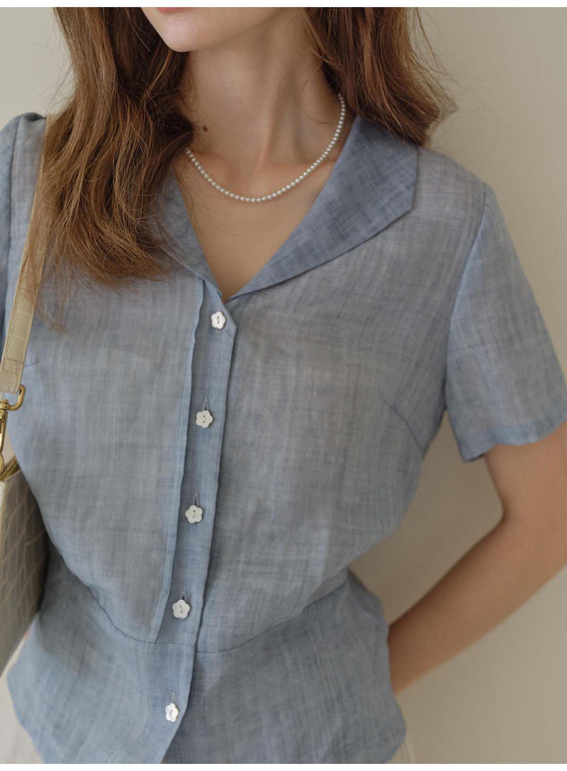 French Ramie Lyocell Notch Collar Blouse, Tailored Short Sleeve Button-Down Shirt for Women, Office Casual Retro Top