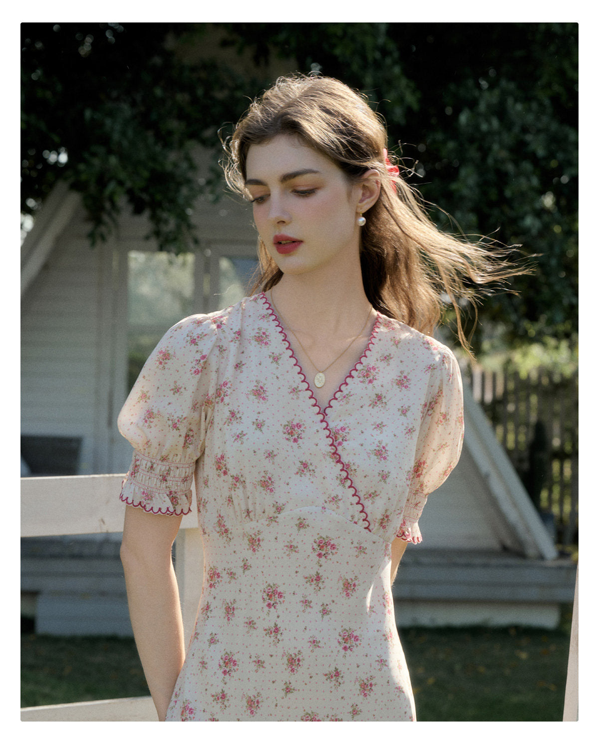 Women's French Floral Print Midi Dress | V-Neck Puff Sleeve Tea Party Dress