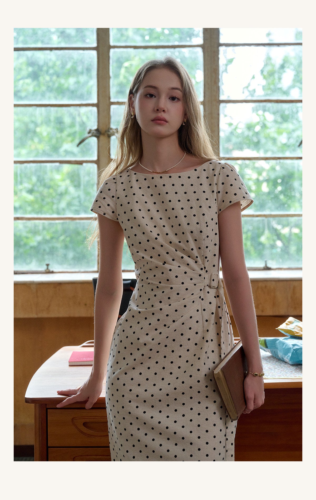 French Polka Dot Linen Blend Ruched Waist Midi Dress