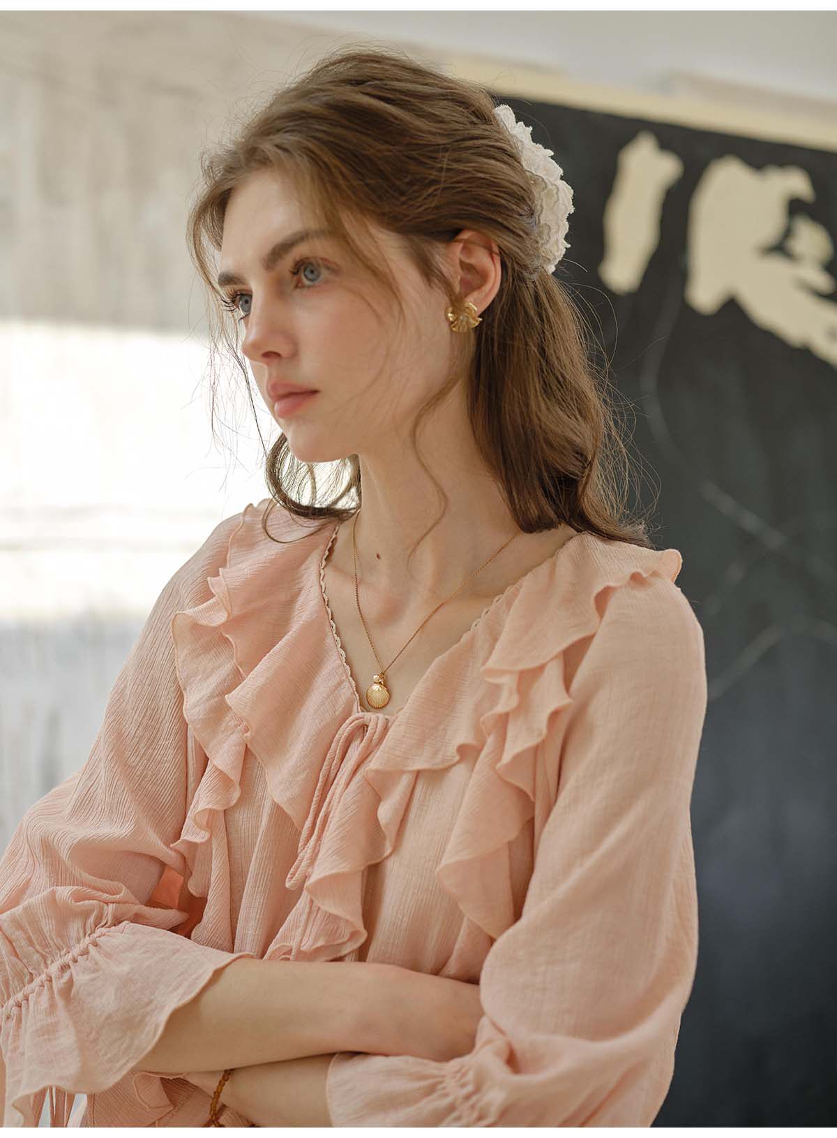 French Style Irregular Ruffle Chiffon Blouse Women 3/4 Sleeve Summer Casual Top