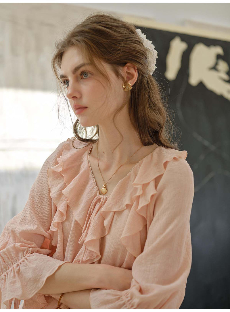 French Style Irregular Ruffle Chiffon Blouse Women 3/4 Sleeve Summer Casual Top