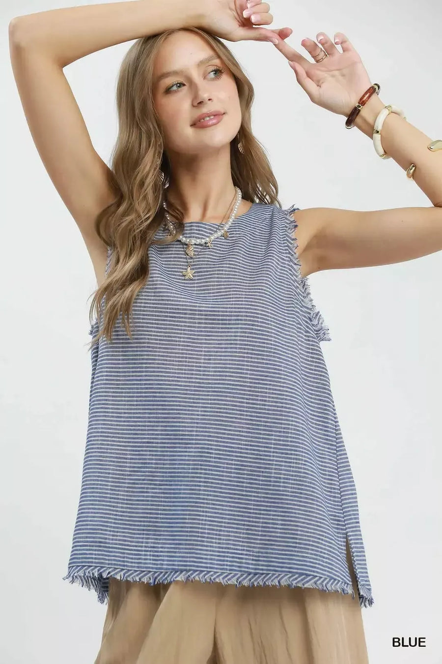 Stripe Fringe Trim Sleeveless Top