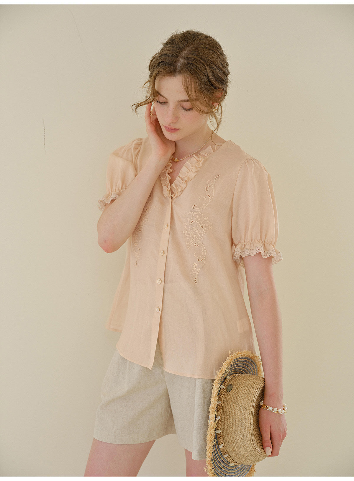 French Ruffled V-Neck Embroidered Tencel Ramie Blouse