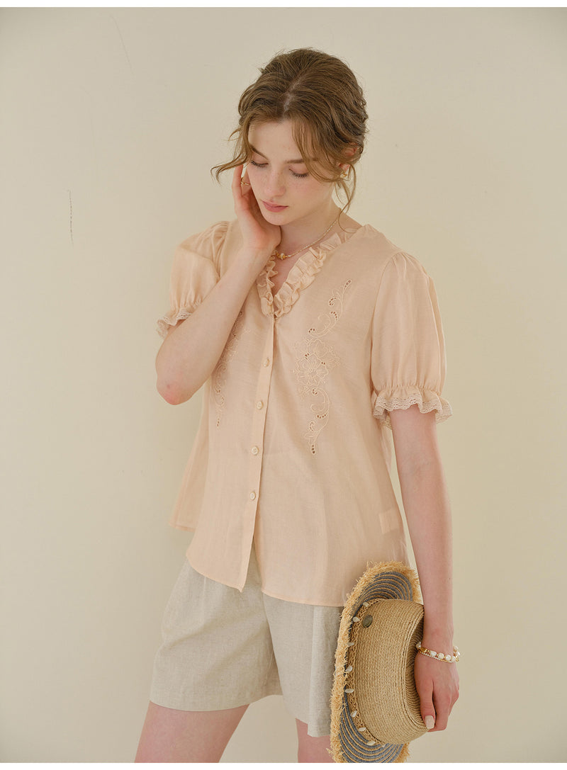 French Ruffled V-Neck Embroidered Tencel Ramie Blouse