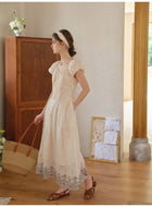 Women's Linen Lyocell Blend Embroidered Midi Dress | French Style Puff Sleeve Polka Dot Dress