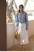 Women's Cotton Lyocell Blend Jacquard Blouse | Embroidered Asymmetric Bow Collar Shirt