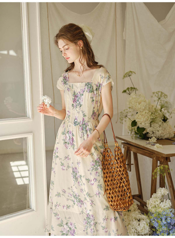 French Style Rose Floral Square Neck Lyocell Midi Dress