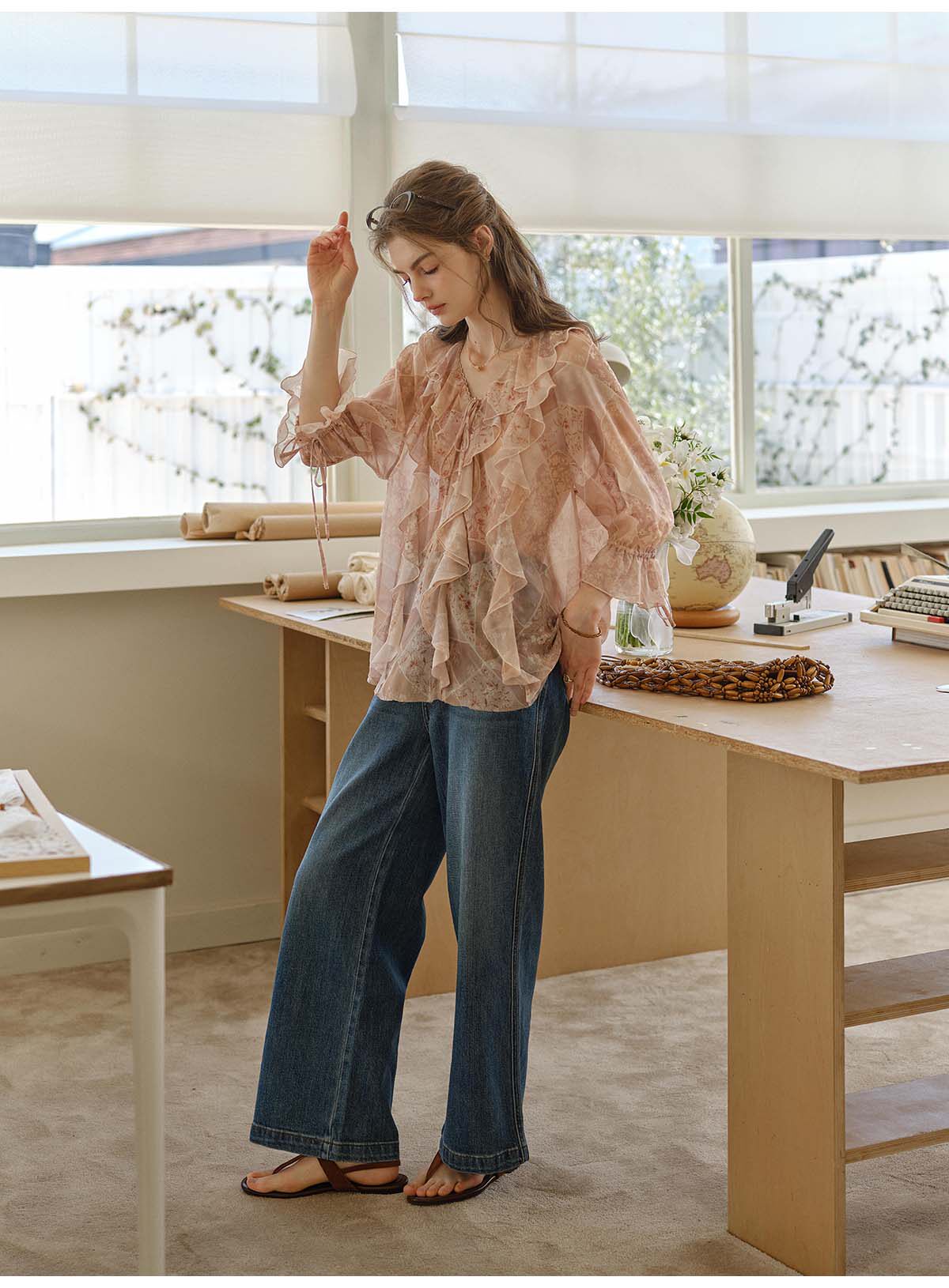 French Style Irregular Ruffle Chiffon Blouse Women 3/4 Sleeve Summer Casual Top