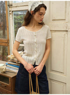 French Style Hollow Knit Short Sleeve Cardigan, Linen-Look Breathable Top, 2 Colors