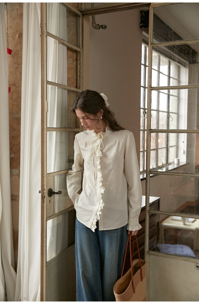 French Court Style Lace Ruffle Tencel Cotton Blouse