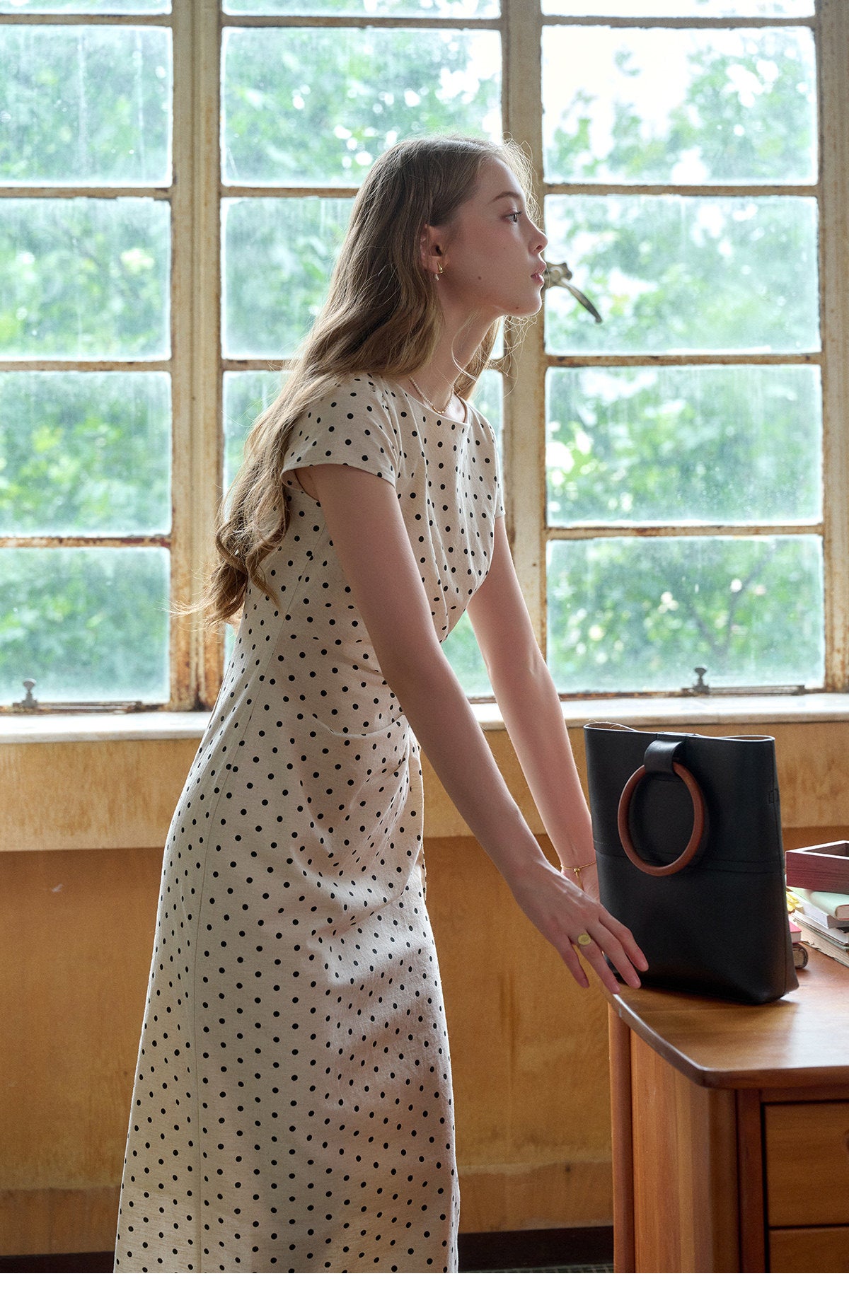 French Polka Dot Linen Blend Ruched Waist Midi Dress