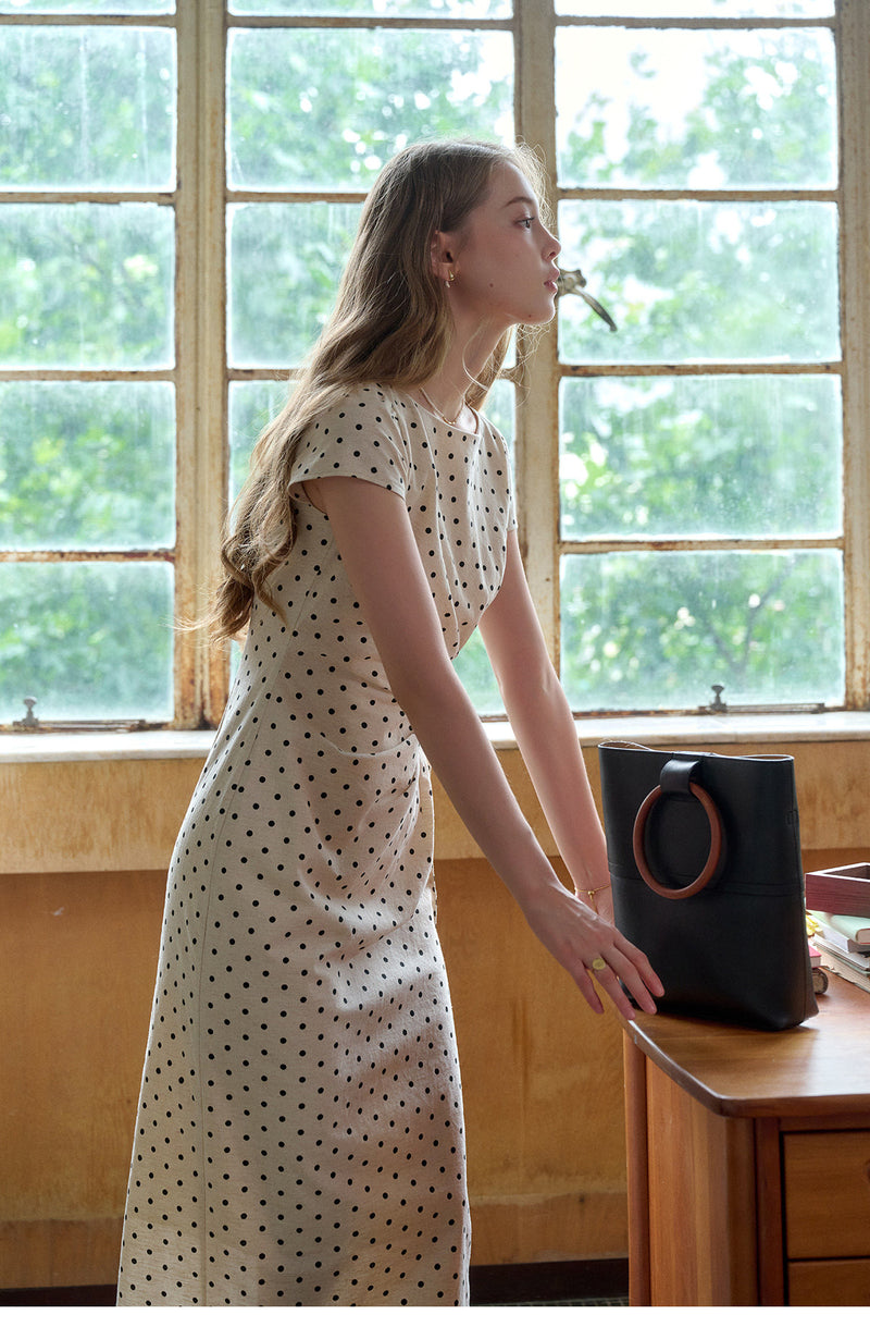 French Polka Dot Linen Blend Ruched Waist Midi Dress