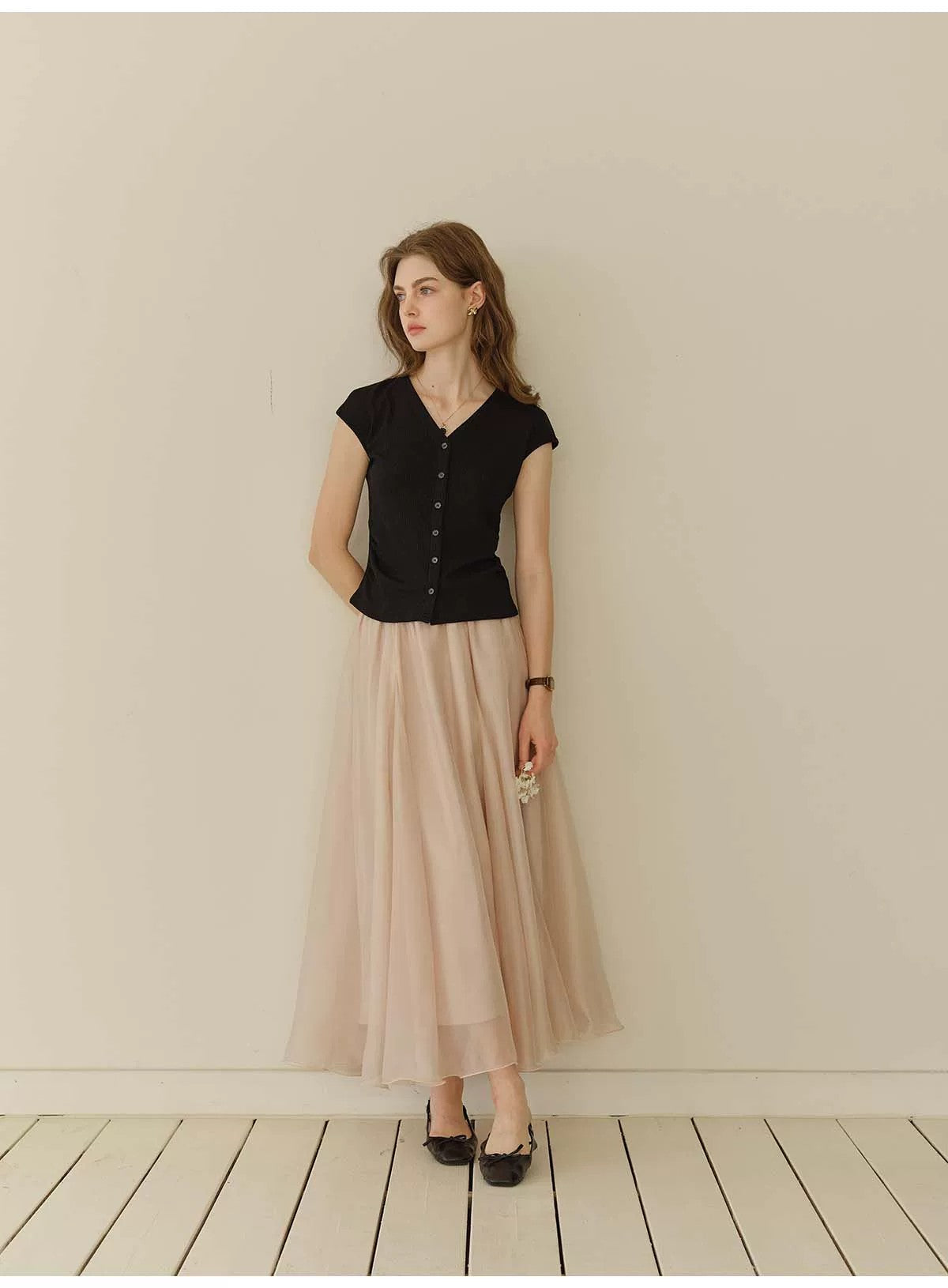 French Style Flowy Chiffon Maxi Skirt Women A-Line Ruffle Hem Long Skirt
