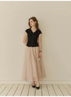 Nude Chiffon Flowy Maxi Skirt, Korean Style Elegant High Waist A-Line Long Skirt