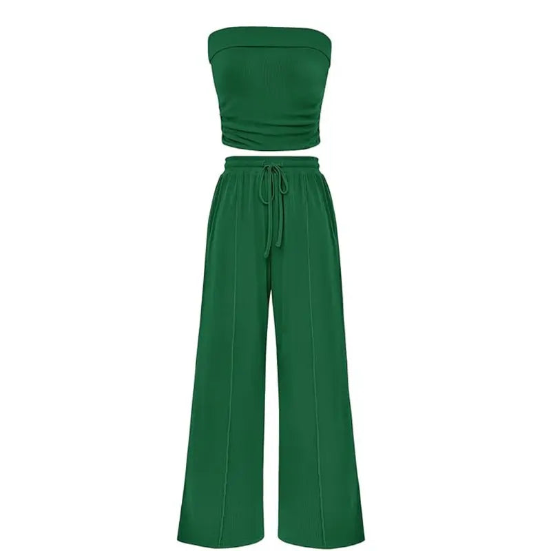 Ribbed Strapless Bandeau and High Waist Wide Leg Pants Two-Piece Set