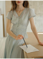 Women's Lyocell V-Neck Blouse & Maxi Skirt Set | French Style Two-Piece Outfit