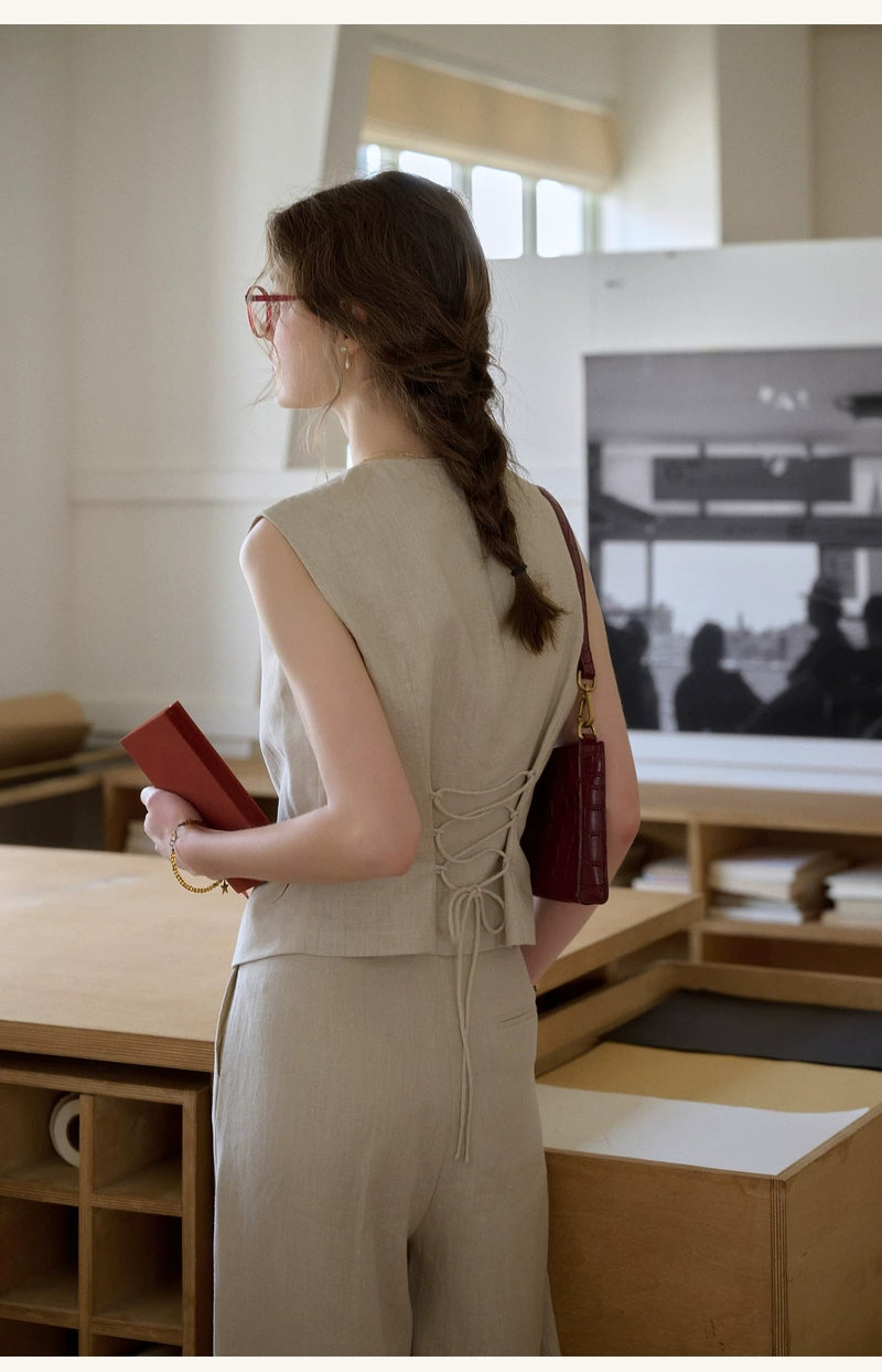 French Commuter V-Neck Linen Vest & Wide-Leg Pants Two-Piece Set