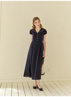French Sailor Collar Lyocell Linen A-Line Midi Dress