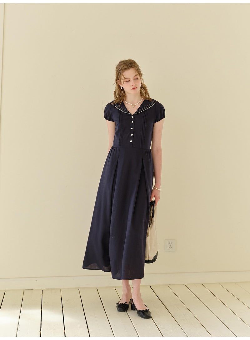 French Sailor Collar Lyocell Linen A-Line Midi Dress