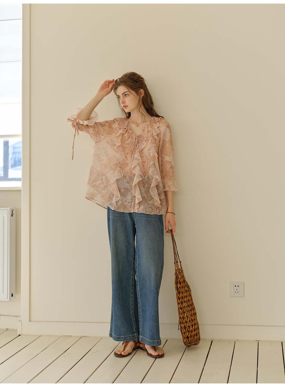 French Style Irregular Ruffle Chiffon Blouse Women 3/4 Sleeve Summer Casual Top
